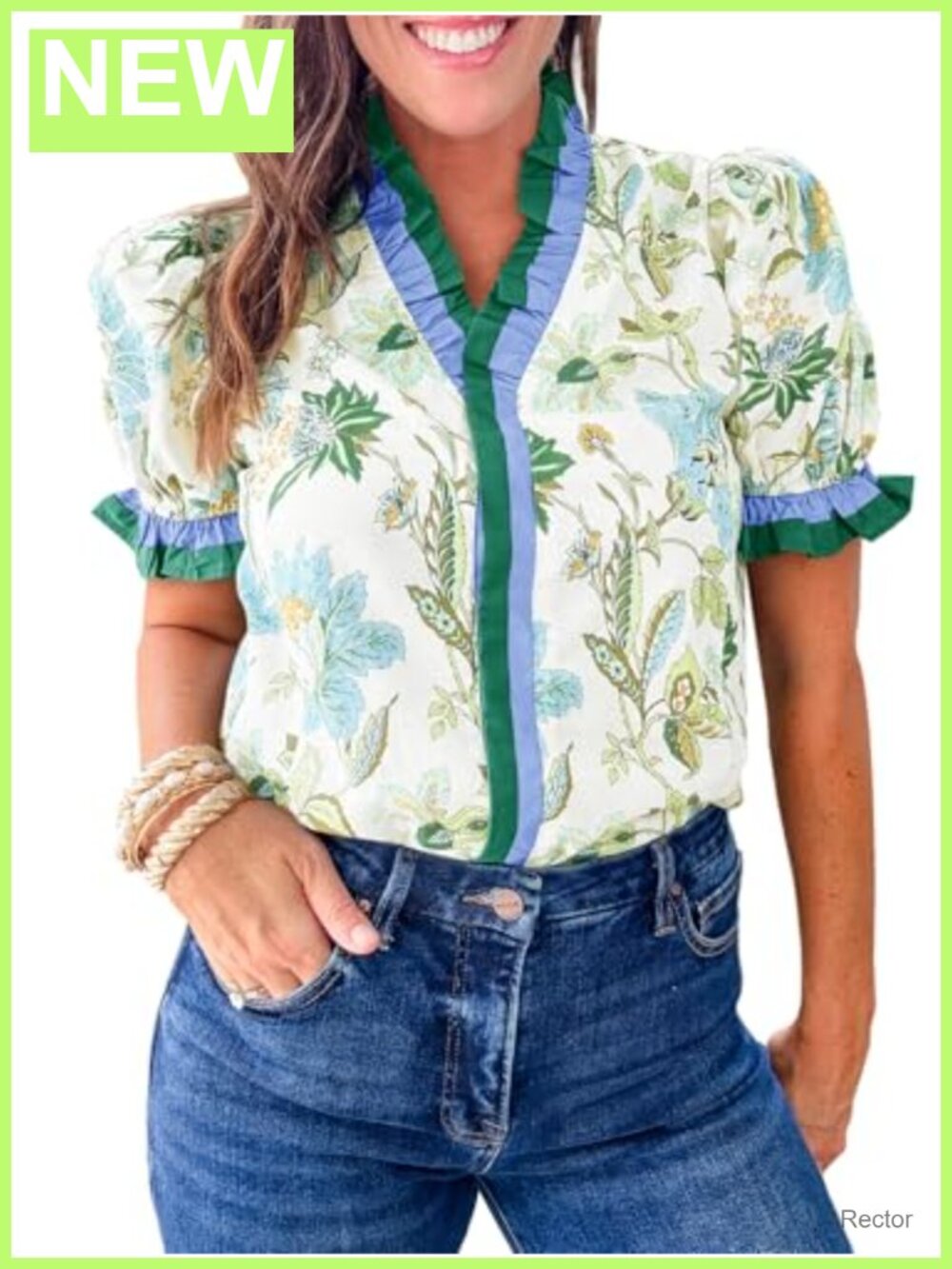 Womens Floral Print Button Down Blouse Puff Sleeve Ruffle V-Neck Summer Top